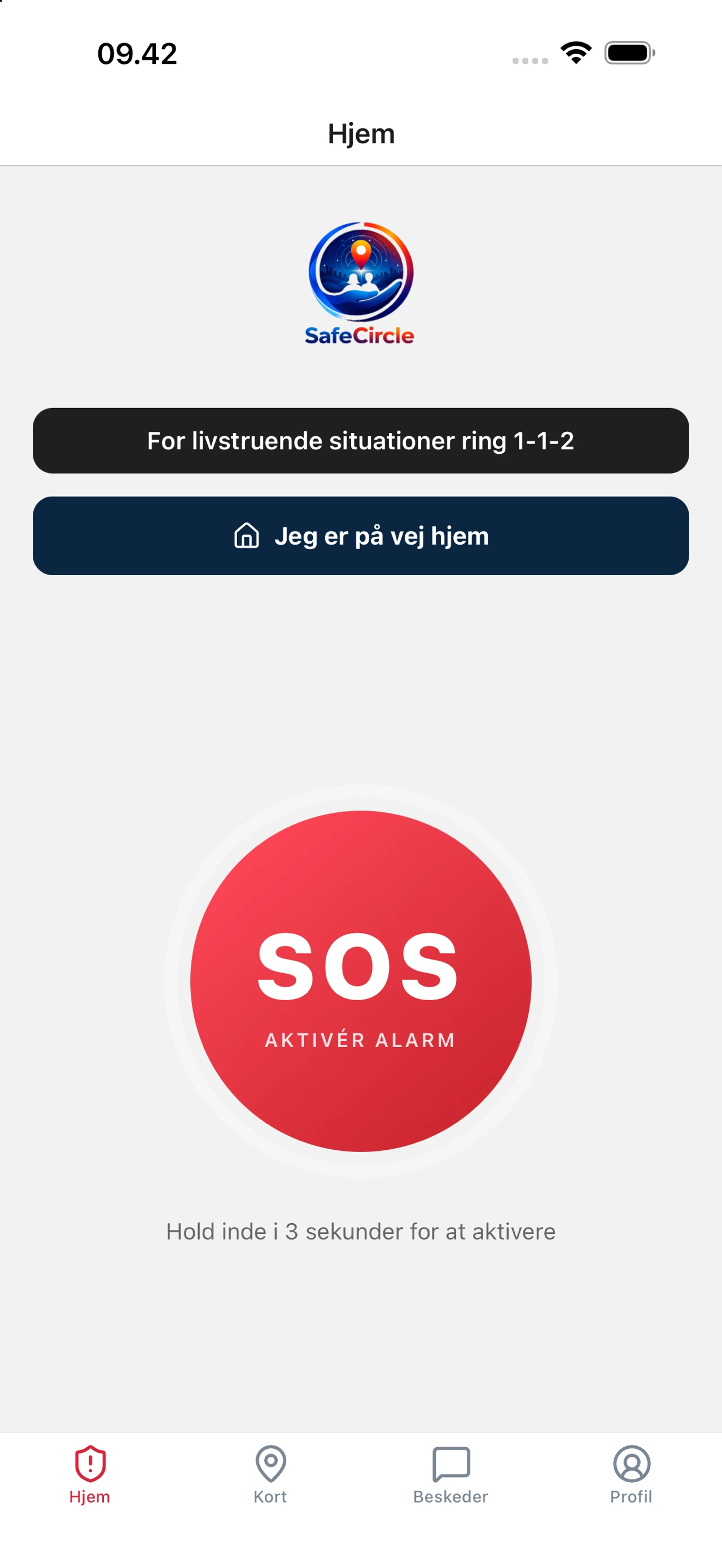 Skærmbillede af SafeCircle-appen med SOS-alarmknappen